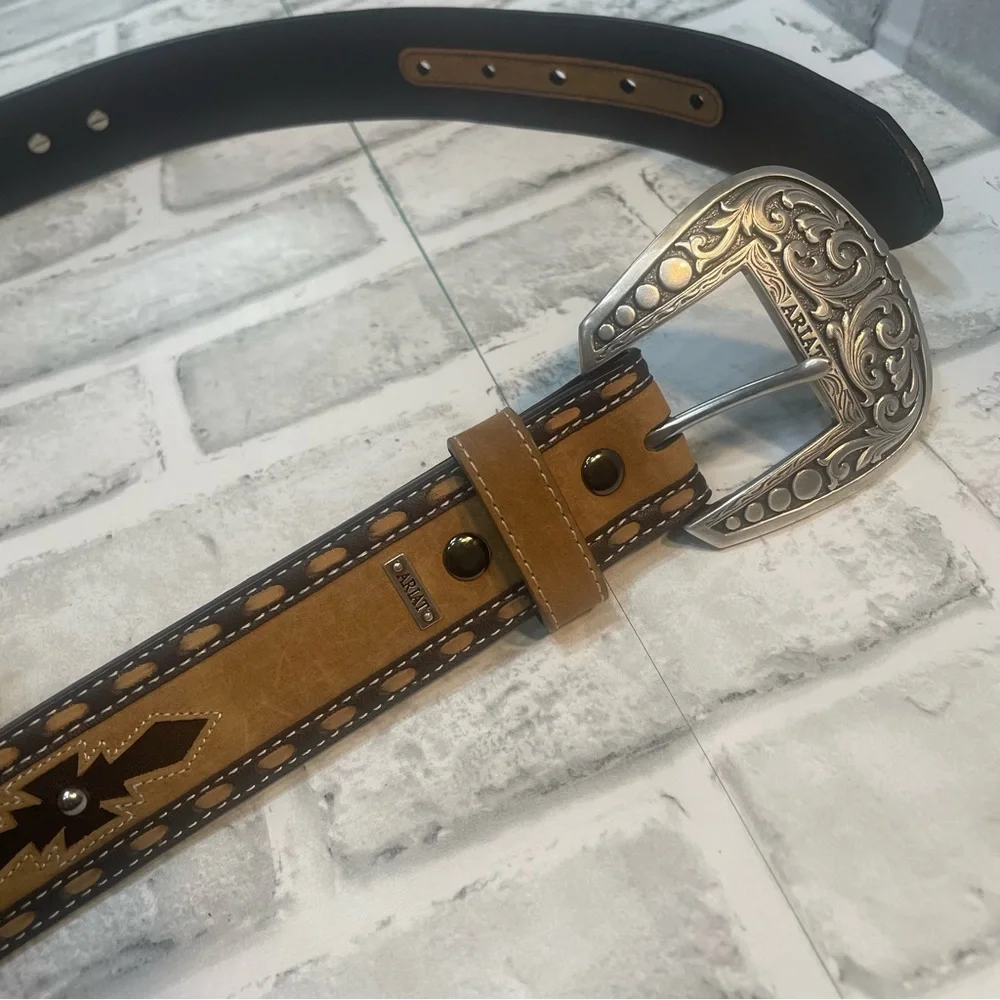 Ariat Two-Tone Tan and Brown Western Leather Belt with Ornate Silver Buckle. 38.